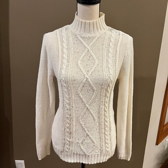 Studio Works Sweaters - Studio Works Cream & Silver Turtleneck Sparkle Cable Knit Sweater, Size Small
